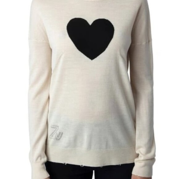 NWT! Zadig & Voltaire Gaby Heart Intarsia Sweater – Ecru – Size Small - Picture 1 of 15
